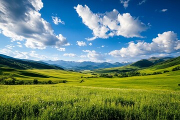 Fototapeta premium A picturesque view of a vast valley, where rolling green hills meet a clear blue sky adorned with fluffy white clouds. The scene symbolizes tranquility, peace, nature's beauty, and vastness.