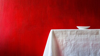 Simple, slightly worn white tablecloth on a bold scarlet red background, creating a vibrant minimalist composition