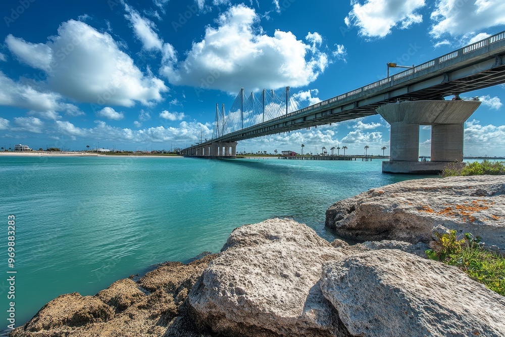 Wall mural a picturesque view of the harbor bridge in corpus christi, texas, with clear blue skies and white cl