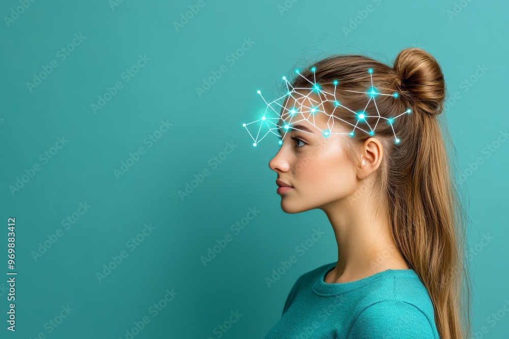Poster cognitive energy thought connection brainwave cerebral activity and synaptic side profile of a woman