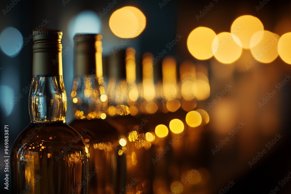 Poster a row of amber glass bottles stand in a dimly lit bar setting. the bottles are blurred in the backgr