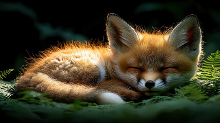 Fototapeta premium A close-up photo captures a fox resting comfortably on a verdant grass field beside a majestic tree trunk
