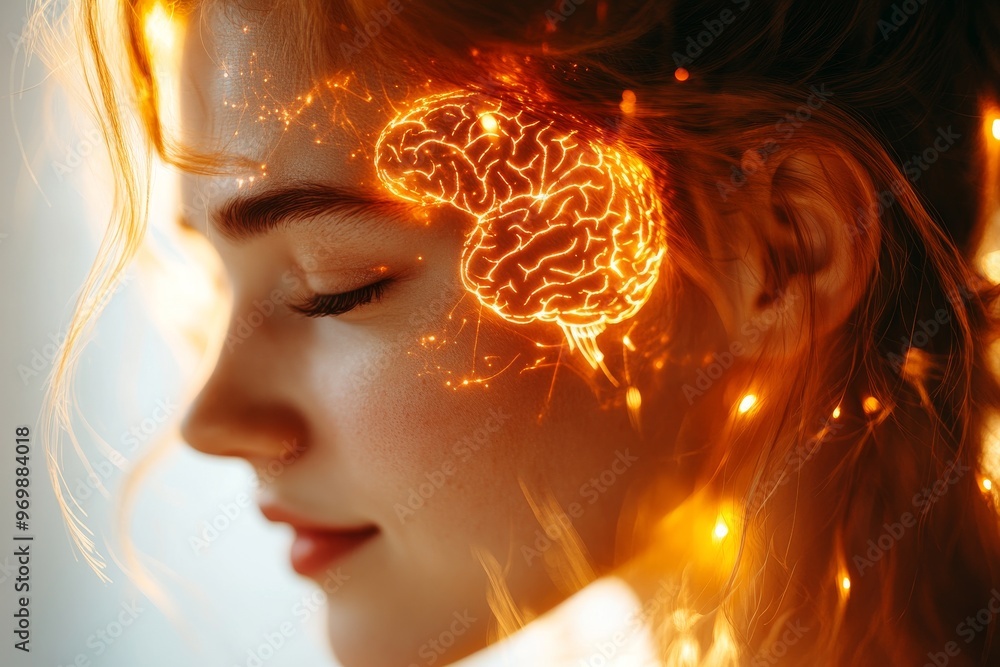 Poster synaptic activity neurogenesis neural network synaptic and neural crown woman’s brain illuminated in