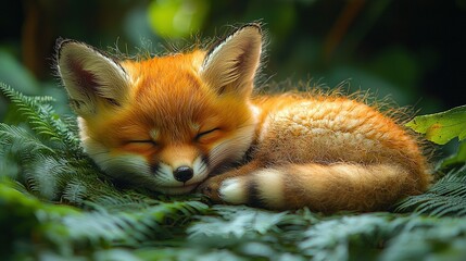 Obraz premium A clear photo of a fox cub resting atop a verdant green field, with eyes shut tightly