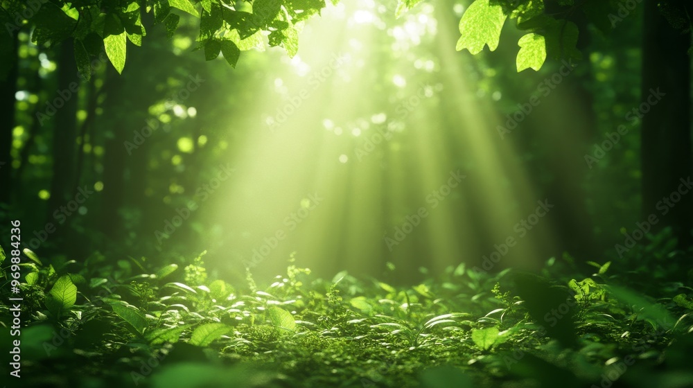 Aufkleber a serene image of sunlight streaming through the dense canopy of a forest, creating a magical, ether