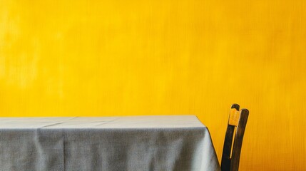 Subtle grey tablecloth with small, worn patches on a bold yellow background, creating a contrast between minimalism and bright color