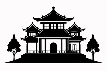 Chinese house black silhouette vector illustration on a white background.