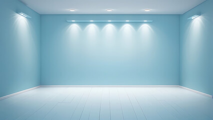 Light blue empty wall and smooth floor with interesting light glare. Background for the presentation.