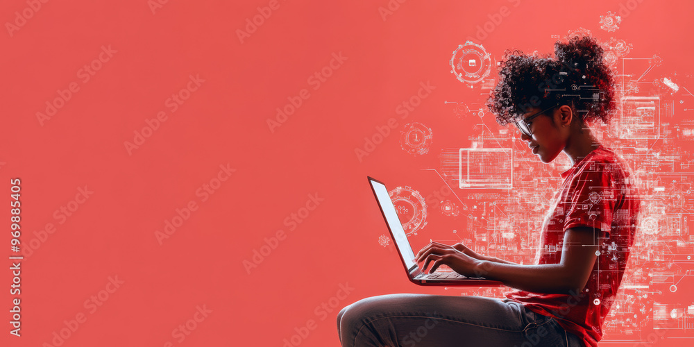 Poster person working on a laptop with holographic technology graphics emerging from the computer, symboliz