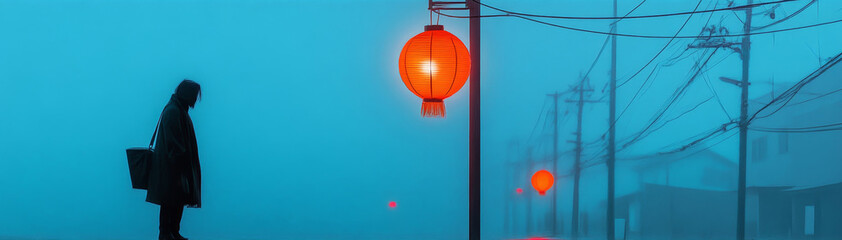 A single person walks through a foggy city street, illuminated only by the soft glow of red lanterns hanging from lampposts. The scene symbolizes solitude, mystery, and the search for light amidst dar