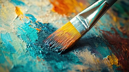 Fototapeta premium Paintbrush Laying on a Canvas with Colorful Oil Paint