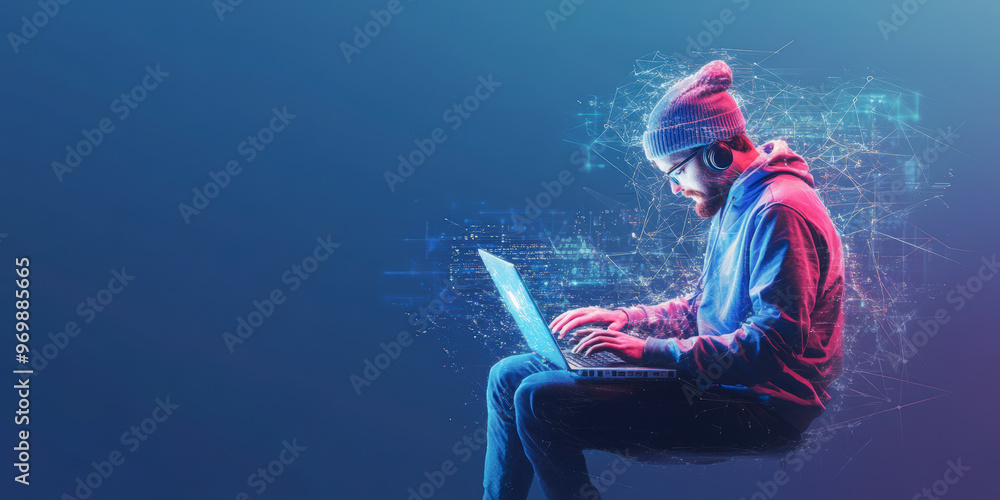 Aufkleber a person wearing a beanie and headphones focuses intently on a laptop, immersed in a digital network