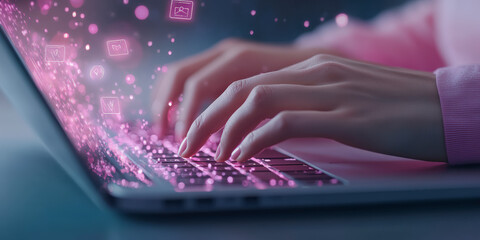 Hands typing on a laptop keyboard with glowing pink icons floating above, representing digital communication and technology.