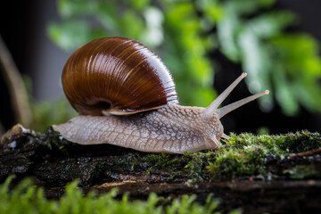 garden snail on moss in the forest