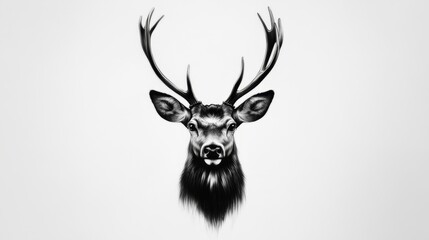 A stunning black and white drawing of a deer head, capturing its beauty and grace. The detailed illustration showcases the animal's antlers, eyes, and facial features, creating a sense of tranquility 