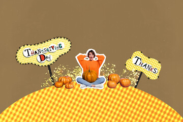 Composite trend artwork collage of autumn thanksgiving day tradition feast farmer young lady sit omg face hols pumpkin thanks banner