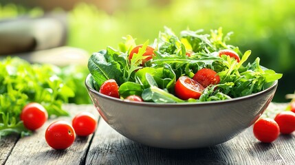   A close-up image of a wooden table with a bowl of salad featuring vibrant tomatoes and fresh lettuce in the background
