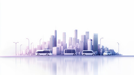 Obraz premium A futuristic cityscape with modern buildings and sleek self-driving buses and cars on the street, depicted in a minimalist and sleek design.