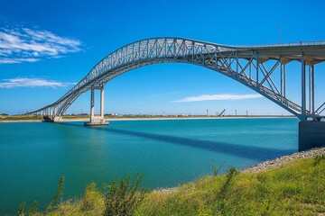 A stunning view of the Harbor Bridge in Corpus Christi, Texas, showcasing its impressive arch and steel structure against a clear blue sky and turquoise water. The bridge symbolizes connection, progre