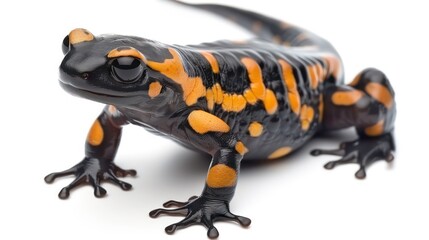 Fototapeta premium A close-up of a fire salamander with black and yellow markings on a white background.