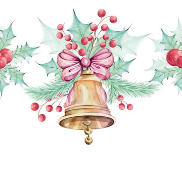 recommend clip art: Christmas watercolor seamless border - compositions with holly green leaves, red berries. Jingle golden bell with bow. Winter composition, decor. December nature. Illustration hand drawn for design