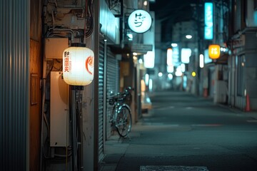 A traditional Japanese lantern glows brightly in a narrow alleyway, casting a warm light against the backdrop of a bustling city at night. The scene evokes a sense of tranquility and mystery, suggesti