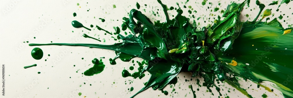 Poster a vibrant olive green paint splash explodes across a white background, creating a dynamic and abstra