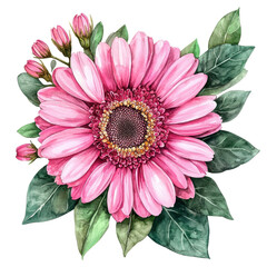 A vibrant pink flower with lush green leaves, perfect for adding a touch of elegance to any design or project.