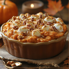 A beautifully baked sweet potato casserole with a crunchy pecan and marshmallow topping, perfect for a holiday meal. A cozy kitchen setting emphasizes the warmth of fall flavors