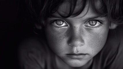 Fototapeta premium child looking into the camera, cinematographic experience, documentary photography, black and white, realistic