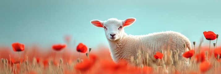 A white lamb stands in a field of red poppies, its innocence and purity contrasting with the vibrant flowers. The image symbolizes nature, springtime, new beginnings, peace, and hope.