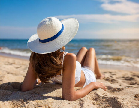 Kobieta opala się na plaży	