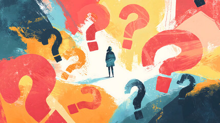 An illustration of a person standing at the center, surrounded by large, bold question marks symbolizing various concerns and worries