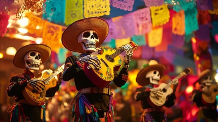 Skeleton Musicians Playing Guitars at a Day of the Dead Celebration