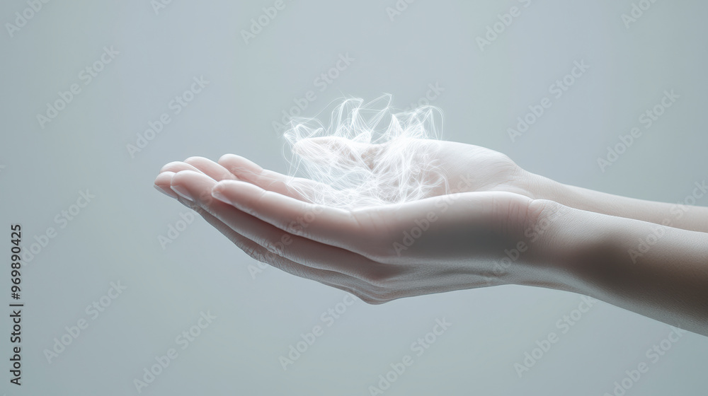 Poster two hands gently cradle a wispy, ethereal cloud or vapor, creating a mysterious, almost magical visu