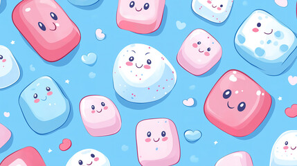 Charming marshmallows displaying cute kawaii character designs in a joyful blue cartoon vector illustration, crafted into a seamless pattern. Ideal for fun textiles and whimsical children’s decor.