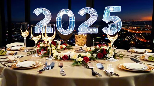 Elegant New Year's Eve dinner table set for 2025 celebration with a city skyline view