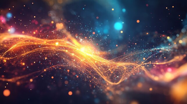 An abstract image depicting the concept of quantum energy. The image shows a wave of energy flowing through space, with glowing particles and lines representing the movement of energy. This image can 