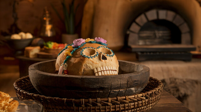 Pan tradicional de M&eacute;xico en forma de calavera y flores de dulce en una charola de madera, en una cocina tradicional de pueblito.