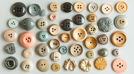   A set of buttons arranged on a white tabletop adjacent to a white background