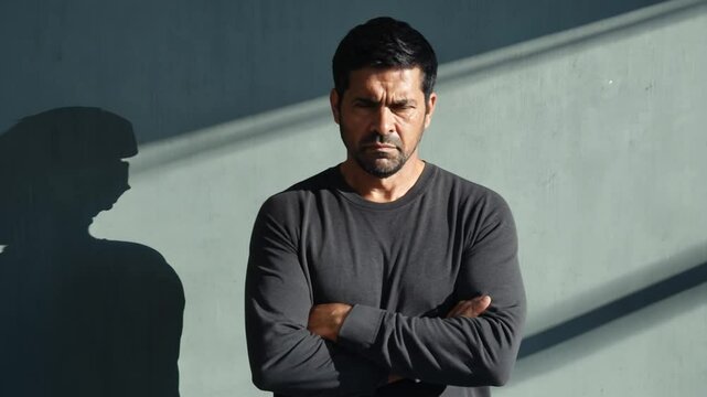 Upset, aggressive mid-adult man standing against a wall with arms crossed, looking grimly into the camera. Depressed and frustrated expression.