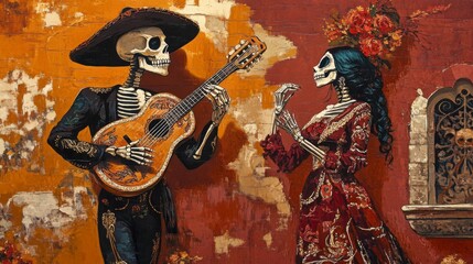 Fototapeta premium A Couple of Skeletons in Love, Playing Music, in Front of a Brick Wall