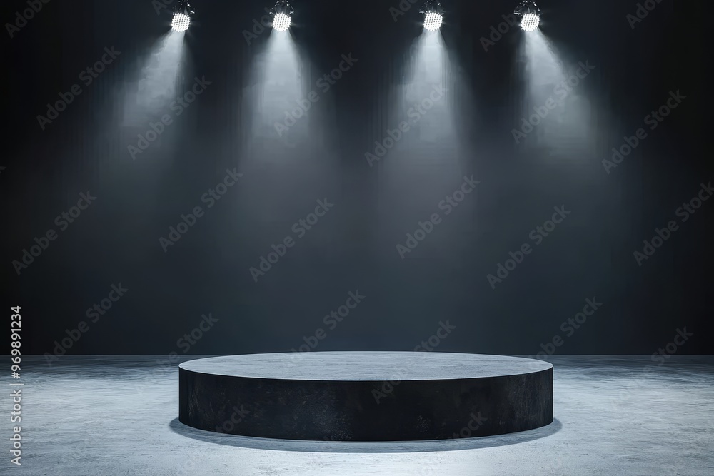 Poster an empty catwalk with three spotlights shining down on a circular platform, creating a dramatic and 