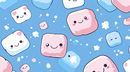 Fototapeta premium Delightful marshmallows featuring cute kawaii character designs in a colorful cartoon vector illustration, designed in a seamless pattern. Perfect for playful textiles, blue background