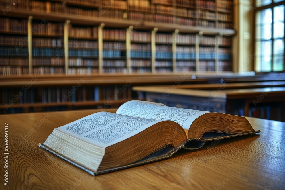 Poster an open book lies on a wooden table in a library. the book is illuminated by natural light streaming