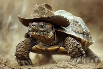 A unique tortoise wearing a cowboy hat, showcasing a blend of wildlife and humor in a natural environment.