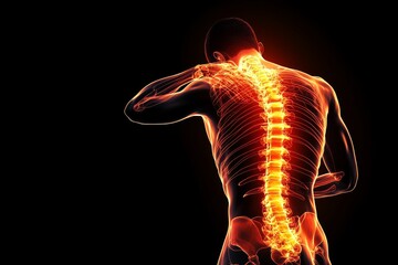 This 3D  medical illustration shows a male figure with back pain, highlighting the spine and surrounding areas. The bright red glow emphasizes the severity of the discomfort and provides a clear visua