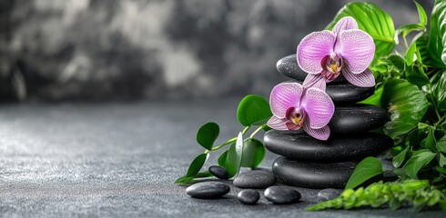 Stack of Black Rocks and Orchid Flower on a Table with Green Plant Over Grey Background for Spa Concept Banner, Space for Text, Massage Salon or Wellness Center Design