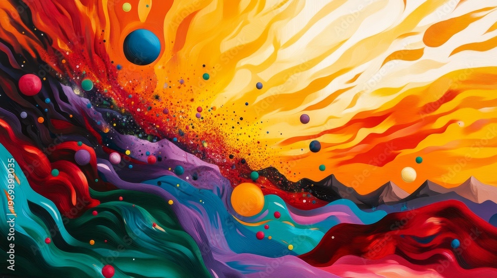 Poster this abstract landscape features a colorful and dynamic composition with swirling shapes, vibrant hu