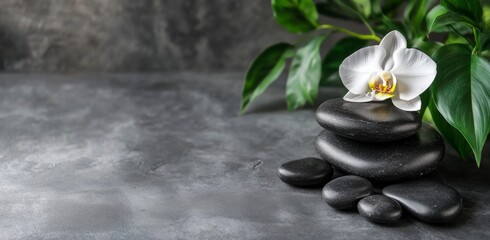 Stack of Black Rocks and Orchid Flower on a Table with Green Plant Over Grey Background for Spa Concept Banner, Space for Text, Massage Salon or Wellness Center Design